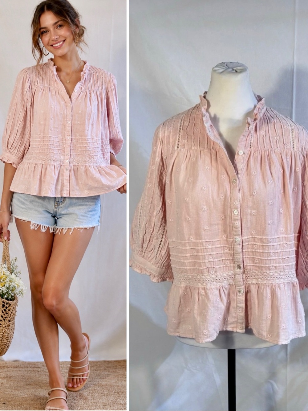 NWT Sundance Pink Cotton Eyelet Embroidered Peasant Blouse Puff Sleeve Sz SP🧡
